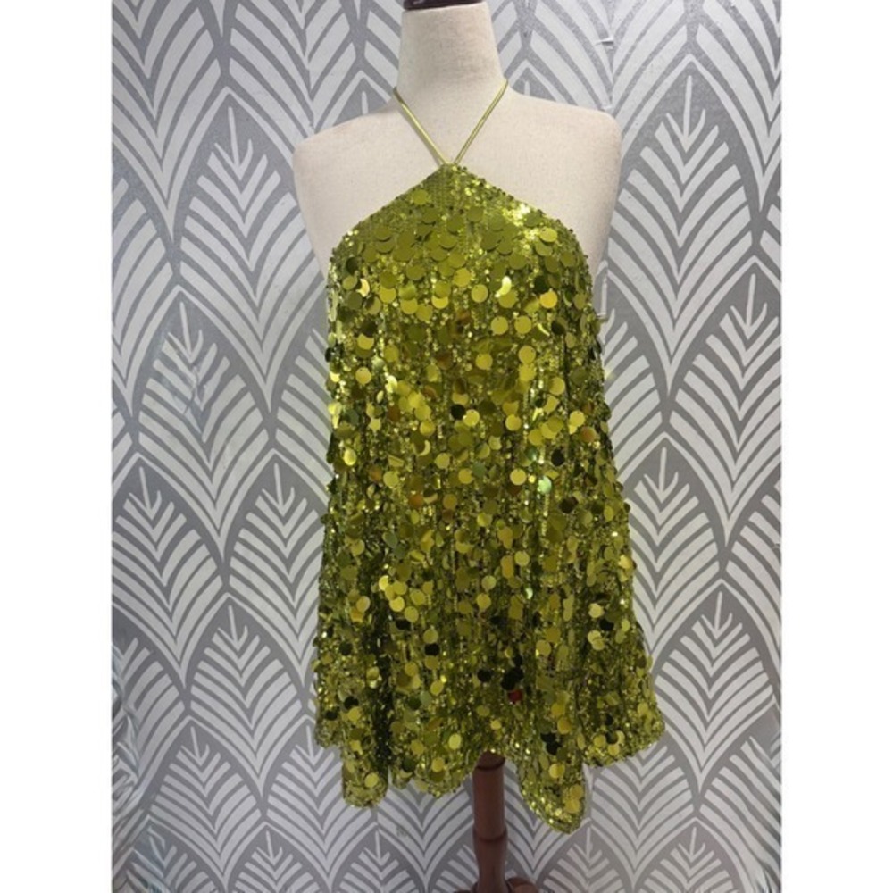 SOLD Princess Polly Fluorescent Green Sequin Halter Mini Dress Open Back Party 6 - Picture 3 of 8